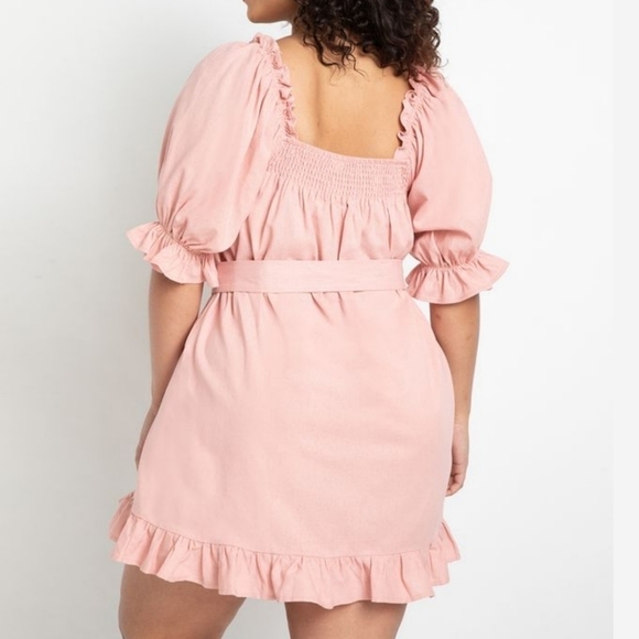 Eloquii Pink Square Neck Ruffled Smocked Front Linen Mini Day Dress - Picture 2 of 11